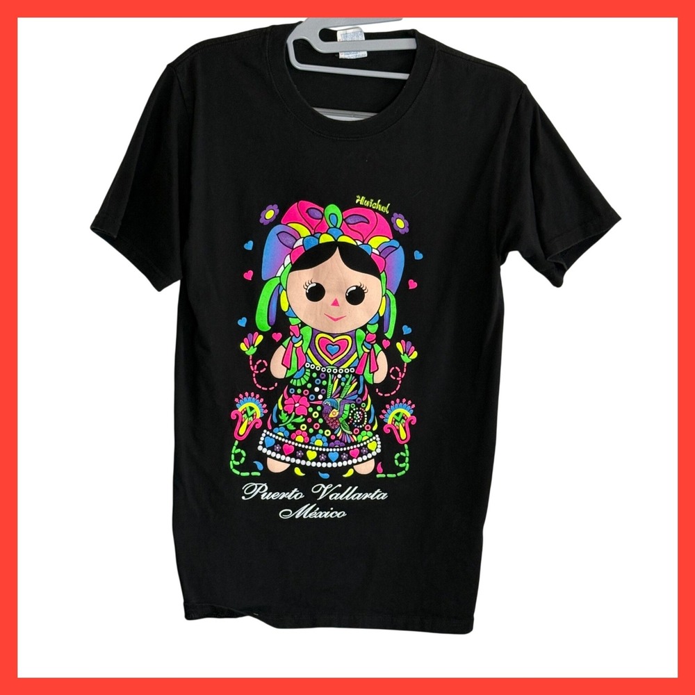 Yazbek Puerto Vallarta Mexico Huichol Doll Graphic T-Shirt Black Small Souvenir